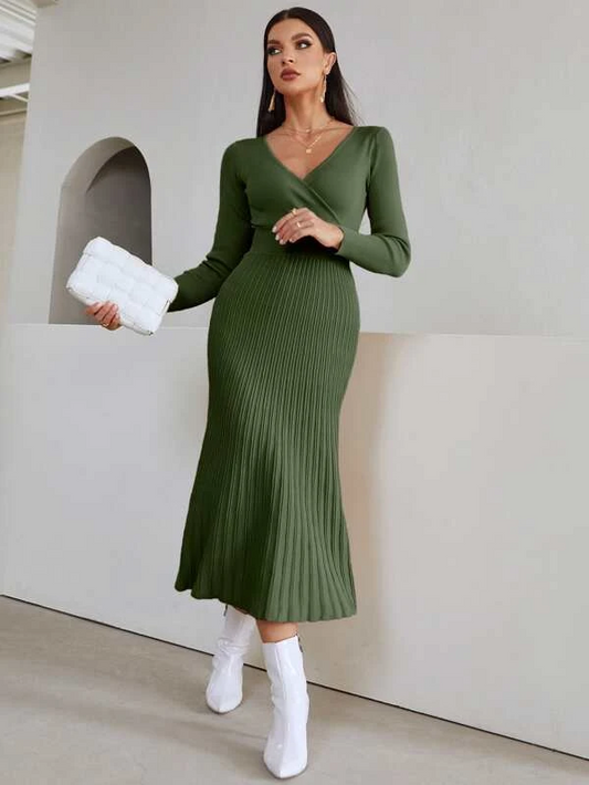 Adele Dress | Surplice neck ribbed knitted sweater dress