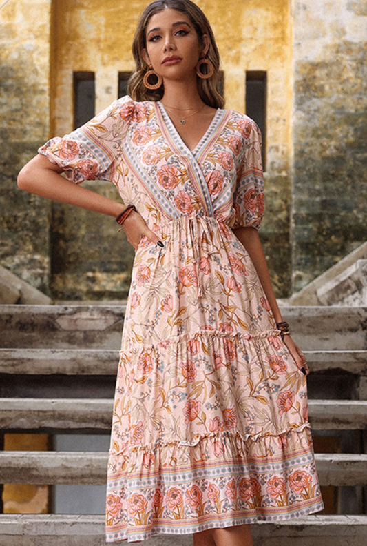 Adelina Dress | Women's paisley print long beach dress with v neckline